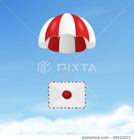 Vector 3d Realistic Vintage Letter Stamp, White Envelope with Wax Seal, Red Parachute in Blue Sky Background. Certificate, Document. Imprint, Insignia. Guarantee, Secret Sign, Label, Red Seal Vector 3d Realistic Vintage Letter Stamp, White Envelope with Wax Seal, Red Parachute in Blue Sky Background. Certificate, Document. Imprint, Insignia. Guarantee, Secret Sign, Label, Red Seal 88822672