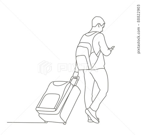 Young traveler man walking with a suitcase and a backpack looks into the phone. Young traveler man walking with a suitcase and a backpack looks into the phone. 88822903