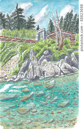 Summer in the Northern Alps, cool Kurobe River headwaters, Yakushizawa hut and suspension bridge 88823698