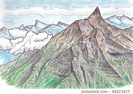 From the summit of Mt. Kitahotakadake in the Northern Alps, the male figure of Mt. Minamidake and Mt. 88823825
