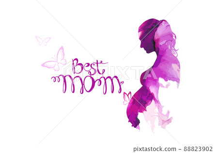 Best mom text. Silhouette of a pregnant woman in watercolor. Happy Mother's Day. Vector illustration Best mom text. Silhouette of a pregnant woman in watercolor. Happy Mother's Day. Vector illustration 88823902