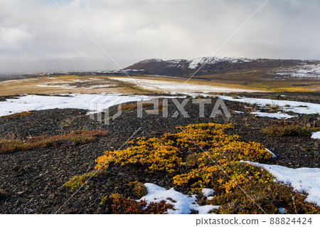 View of the tundra and hills. In the distance, there is a working village of miners near a gold ore deposit 88824424