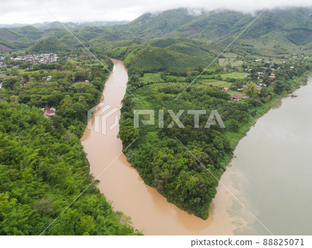 Mekong River Thailand Laos border, view nature river beautiful mountain river with forest tree Aerial view Bird eye view landscape jungles lake flowing wild water after the rain 88825071