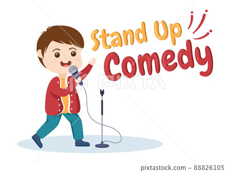 Stand Up Comedy Show Theater Scene with Red Curtains and Open Microphone to Comedian Performing on Stage in Flat Style Cartoon Illustration 88826105