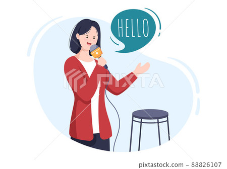 Stand Up Comedy Show Theater Scene with Red Curtains and Open Microphone to Comedian Performing on Stage in Flat Style Cartoon Illustration 88826107