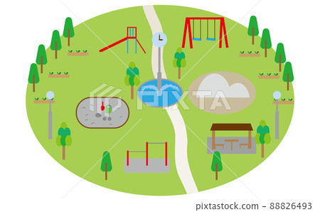 一個被大自然包圍的廣闊公園的插圖，孩子們可以在這裡玩耍。玩具套裝 / 陽光明媚 / 戶外 / 風景 88826493