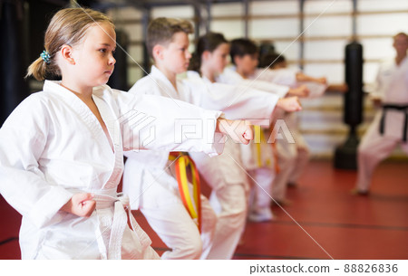 Girl practicing new moves during karate class Girl practicing new moves during karate class 88826836