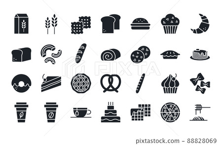 Bread, bakery products, pastry and confectionery icon set. Isolated vector silhouettes 88828069