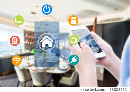 Smart home automation application and blurred home interior background Smart home automation application and blurred home interior background 88828312