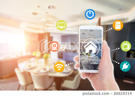 智能家庭自動化應用程序與虛化家庭內部背景 88828314