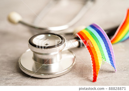 LGBT symbol, Stethoscope with rainbow ribbon, rights and gender equality, LGBT Pride Month in June. LGBT symbol, Stethoscope with rainbow ribbon, rights and gender equality, LGBT Pride Month in June. 88828871