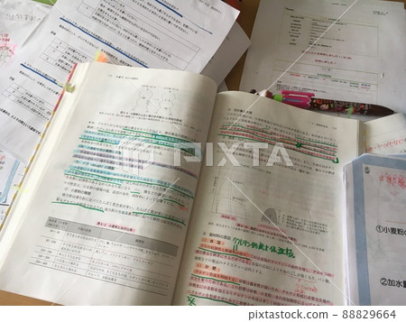 A desk cluttered with homework A desk cluttered with homework 88829664