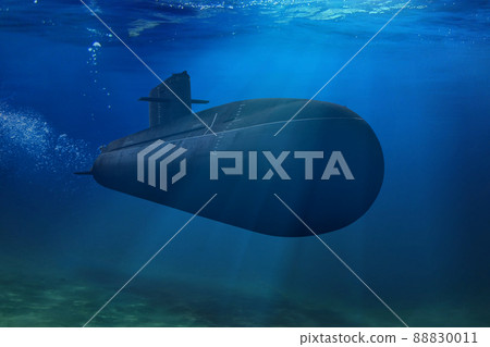 Naval submarine submerge underwater during a mission in open sea Naval submarine submerge underwater during a mission in open sea 88830011