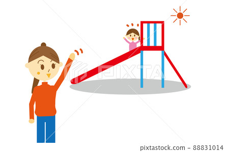 一位母親在公園裡看孩子玩耍的插圖,一位母親在托兒所下班回家的路上接她的女兒,一張幻燈片 一位母親在公園裡看孩子玩耍的插圖,一位母親在托兒所下班回家的路上接她的女兒,一張幻燈片 88831014