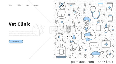 Vet clinic doodle landing page with doctor, pets Vet clinic doodle landing page with doctor, pets 88831803