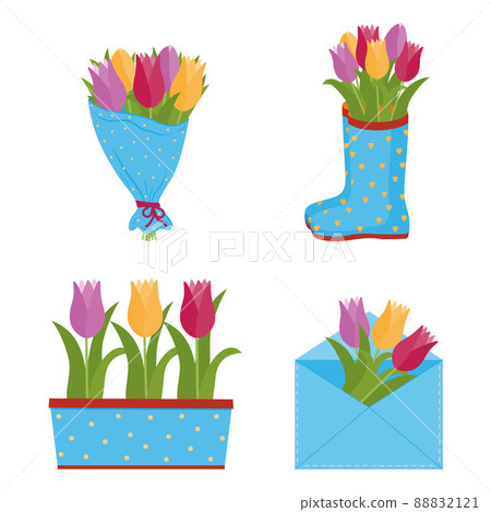 Tulip flowers in different decorated containers, vector illustration Tulip flowers in different decorated containers, vector illustration 88832121