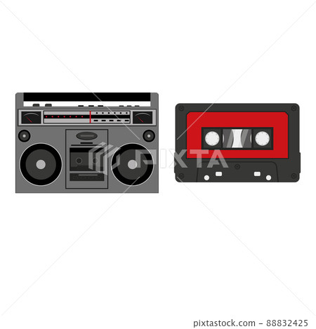 Tape recorder and cassette isolated on a white background in the cartoon style Tape recorder and cassette isolated on a white background in the cartoon style 88832425