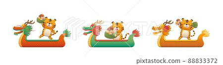Set of Dragon Boat Festival elements in 3 shapes of dragon boat and tiger mascot characters Set of Dragon Boat Festival elements in 3 shapes of dragon boat and tiger mascot characters 88833372