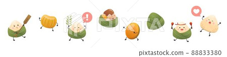 Playful cute vector set of characters or mascots for dragon boat festival dumplings and ingredients Playful cute vector set of characters or mascots for dragon boat festival dumplings and ingredients 88833380
