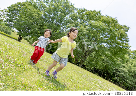 Sister and brother walking hand in hand in the park 88835118