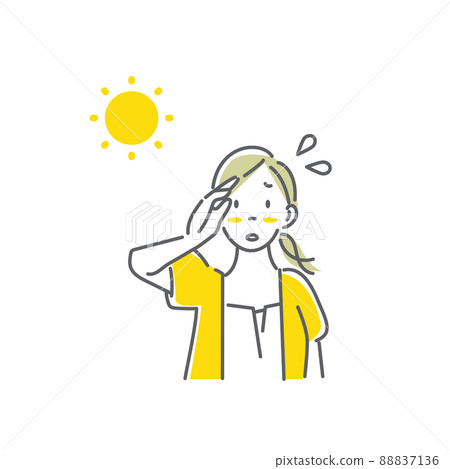 一個簡單而時尚的線條畫圖，描繪了一個在炎熱的天氣裡在戶外擦汗的女人 88837136