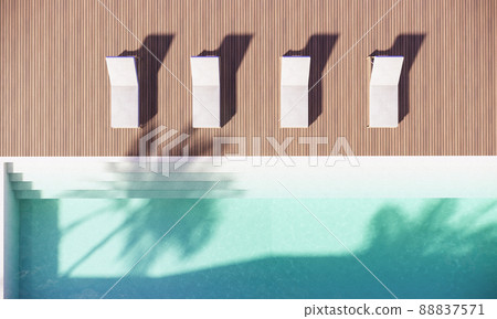 Luxury Villa Hotel with Swimming Pool and Wood Terrace, birds eye view shot, 3D Rendering Luxury Villa Hotel with Swimming Pool and Wood Terrace, birds eye view shot, 3D Rendering 88837571
