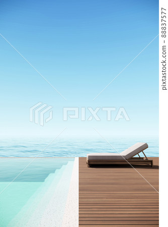 Beach Terrace Modern Luxury Villa Hotel with Swimming Pool, Sea and Sky view, 3D Rendering vertical 88837577