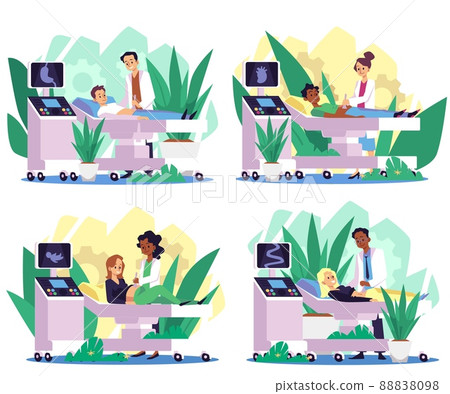 Doctors do diagnostic ultrasound scans of organs of patients in flat vector Doctors do diagnostic ultrasound scans of organs of patients in flat vector 88838098