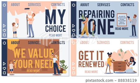 Family house repair vector set, DIY home renew cartoon flat. Black family do spring clean, renew furniture together. 88838119