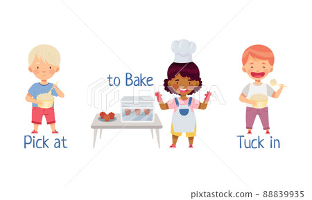 Cute little children cooking in the kitchen. Pick at, bake, tuck in action verbs for kids education cartoon vector illustration 88839935