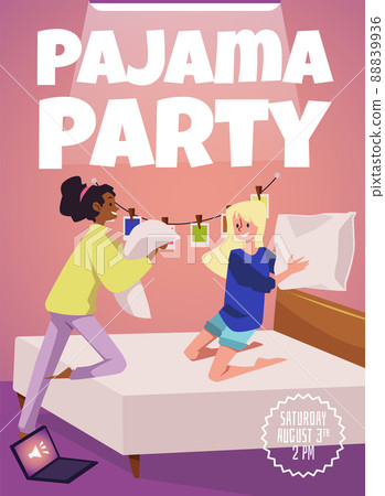 Pajama party poster with people fighting with pillows, flat vector illustration. 88839936