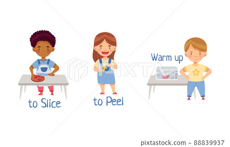 Cute little children cooking in the kitchen. Slice, peel, warm up action verbs for kids education cartoon vector illustration 88839937