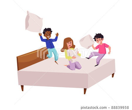 Funny children fighting with pillows in bed flat vector illustration isolated. 88839938