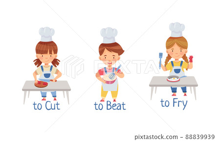Cute little children cooking in the kitchen. Cut, beat, fry action verbs for kids education cartoon vector illustration 88839939
