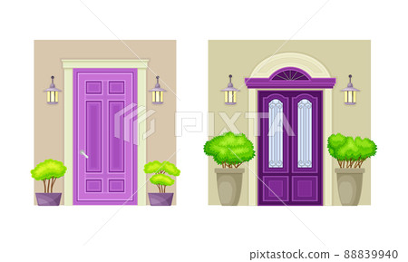Set of house entrance. Porches with closed purple doors and potted plants vector illustration 88839940
