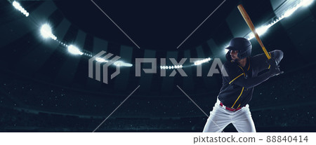 Flyer with professional baseball player with baseball bat in action during match in crowed sport stadium at evening time. Sport, win, winner, competition concepts. 88840414