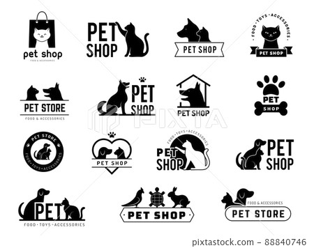Pet shop badges. Domestic animals dogs cats stylized symbols for zoo market recent vector pictures set isolated 88840746