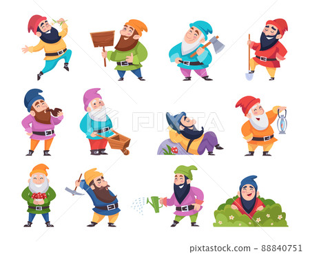 Cartoon dwarf. Mining fantasy gnomes in various poses funny fairytale characters exact vector dwarf illustrations 88840751