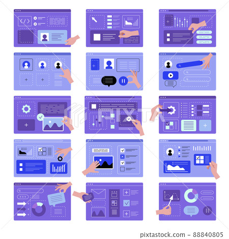 Hands ui programming. Designers creating app interfaces web templates marketing set recent vector illustrations uix 88840805
