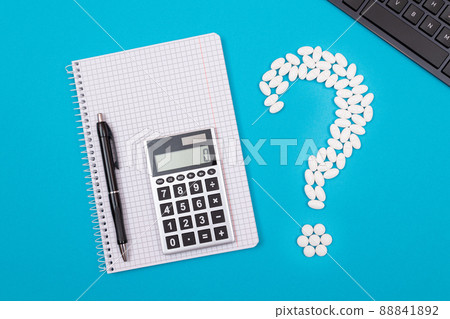 White Question Mark and Calculator. Pharmaceutical Industry and Medicinal Products 88841892