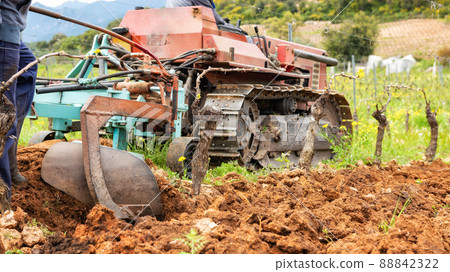 Plowing the vineyard with the tractor. Agriculture. Plowing the vineyard with the tractor. Agriculture. 88842322