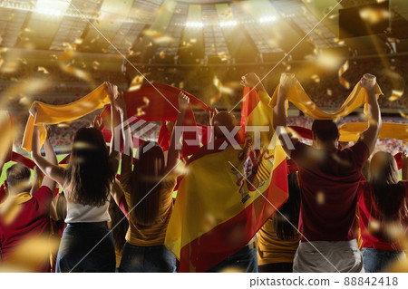 Back view of football, soccer fans cheering their team with state flags and scarfs at crowded stadium at evening time. Concept of sport. Out of focus effect 88842418