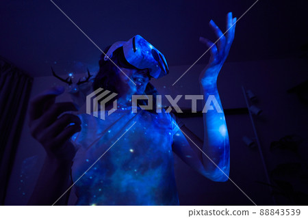 Woman is using virtual reality headset. Elements of this image furnished by NASA. Woman is using virtual reality headset. Elements of this image furnished by NASA. 88843539