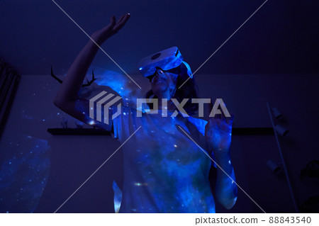 Woman is using virtual reality headset. Elements of this image furnished by NASA. 88843540