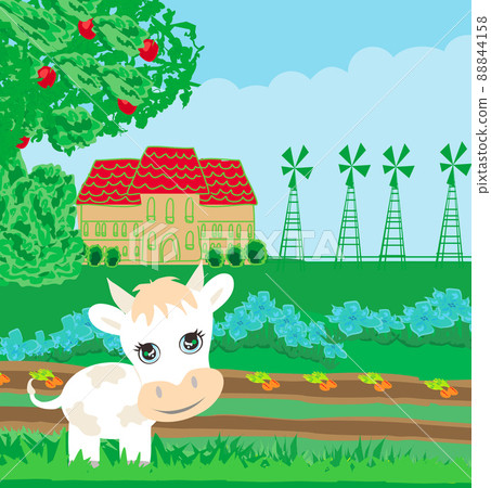 funny cow in the field - illustration 88844158