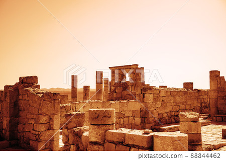View of the ruined buildings in the ancient Nabataean city of Avdat, now a national Park, in the Negev Desert View of the ruined buildings in the ancient Nabataean city of Avdat, now a national Park, in the Negev Desert 88844462