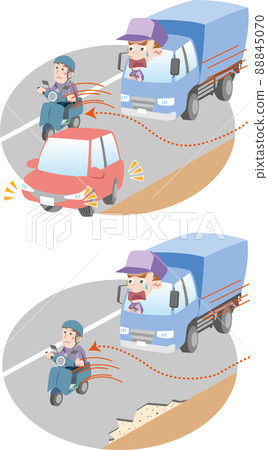 Traffic safety <The scooter running on the left end moves to the right side of the lane to avoid obstacles and is surprised by the following vehicle (truck)> 88845070
