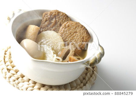 Boiled egg, radish, chikuwa, Jakoten, Shirataki, hot oden with kamaboko taken on a white background Boiled egg, radish, chikuwa, Jakoten, Shirataki, hot oden with kamaboko taken on a white background 88845279