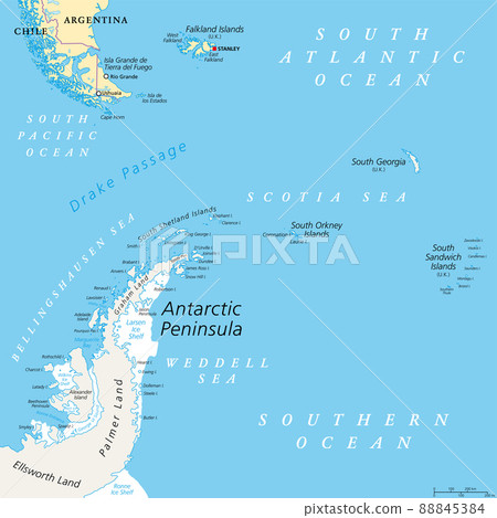 Antarctic Peninsula area, political map. From southern Patagonia and Falkland Islands, to South Georgia and the South Sandwich Islands, South Orkney Islands, and Drake Passage, to Antarctic Peninsula. 88845384