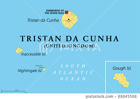 Tristan da Cunha, Inaccessible, Nightingale and Gough Island political map. Remote group of volcanic islands in the South Atlantic. British Overseas Territory with capital Edinburgh of the Seven Seas. Tristan da Cunha, Inaccessible, Nightingale and Gough Island political map. Remote group of volcanic islands in the South Atlantic. British Overseas Territory with capital Edinburgh of the Seven Seas. 88845508